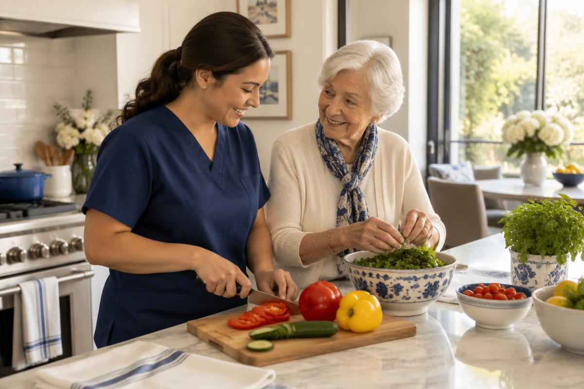 Caregiver and senior preparing a healthy meal
