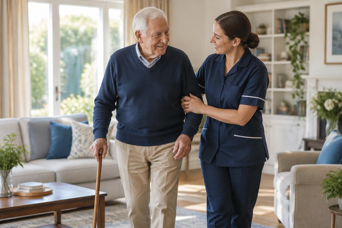 Caregiver helping a senior walk safely at home